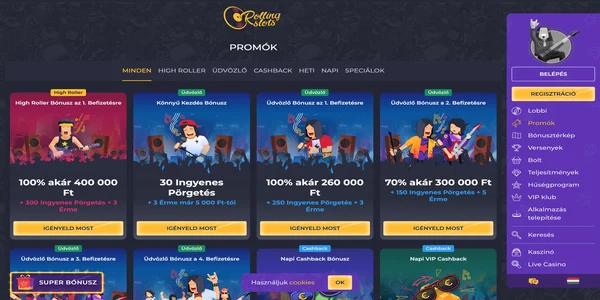 Rolling Slots Casino üdvözlő bónusz oldala mobilon