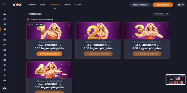 Vox Casino üdvözlő bónusz oldala mobilon